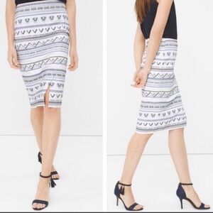 WHBM Embroidered pencil midi skirt white blue aztec size 4